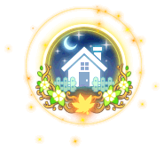 The client's home badge: a house under a moon, in a ring of flowers