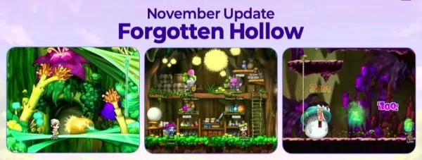 Nexon’s November Update slide for Forgotten Hollow: three scenes of an overgrown forest, a tree-house town and a cave