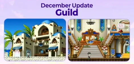Nexon’s December Update slide for Guilds: a white harbour building and the hall inside it
