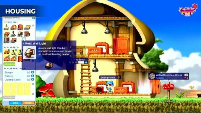 A character editing the Yellow Mushroom House, with the Home Decoration window open and a Metal Wall Light being placed