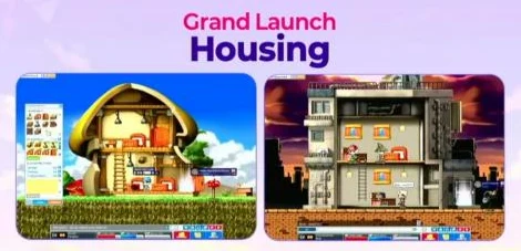 Nexon’s Grand Launch slide for Housing: a mushroom house and an apartment block, each furnished