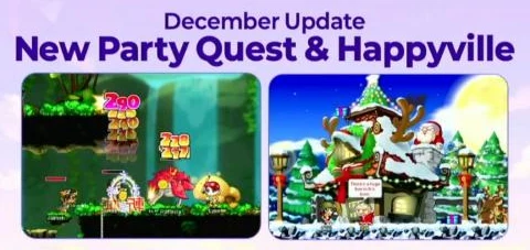Nexon’s December Update slide: a party fighting by a waterfall, and Happyville under snow with a sleigh